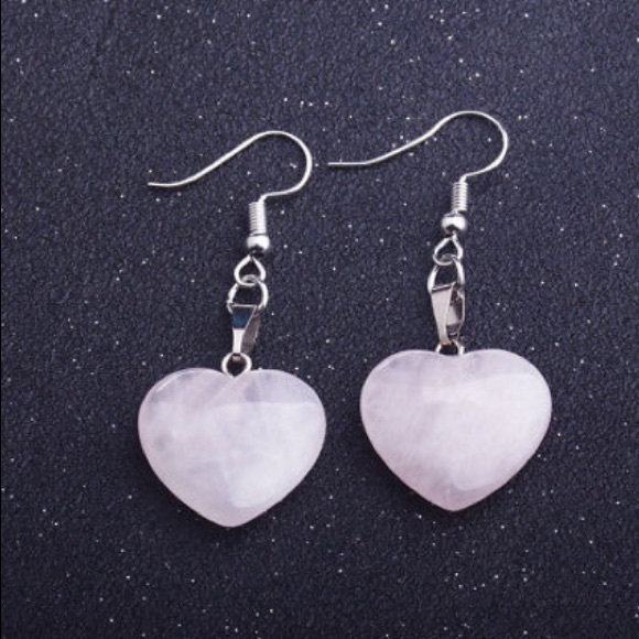 Natural Rose Quartz Heart Earrings - Picture 2 of 3